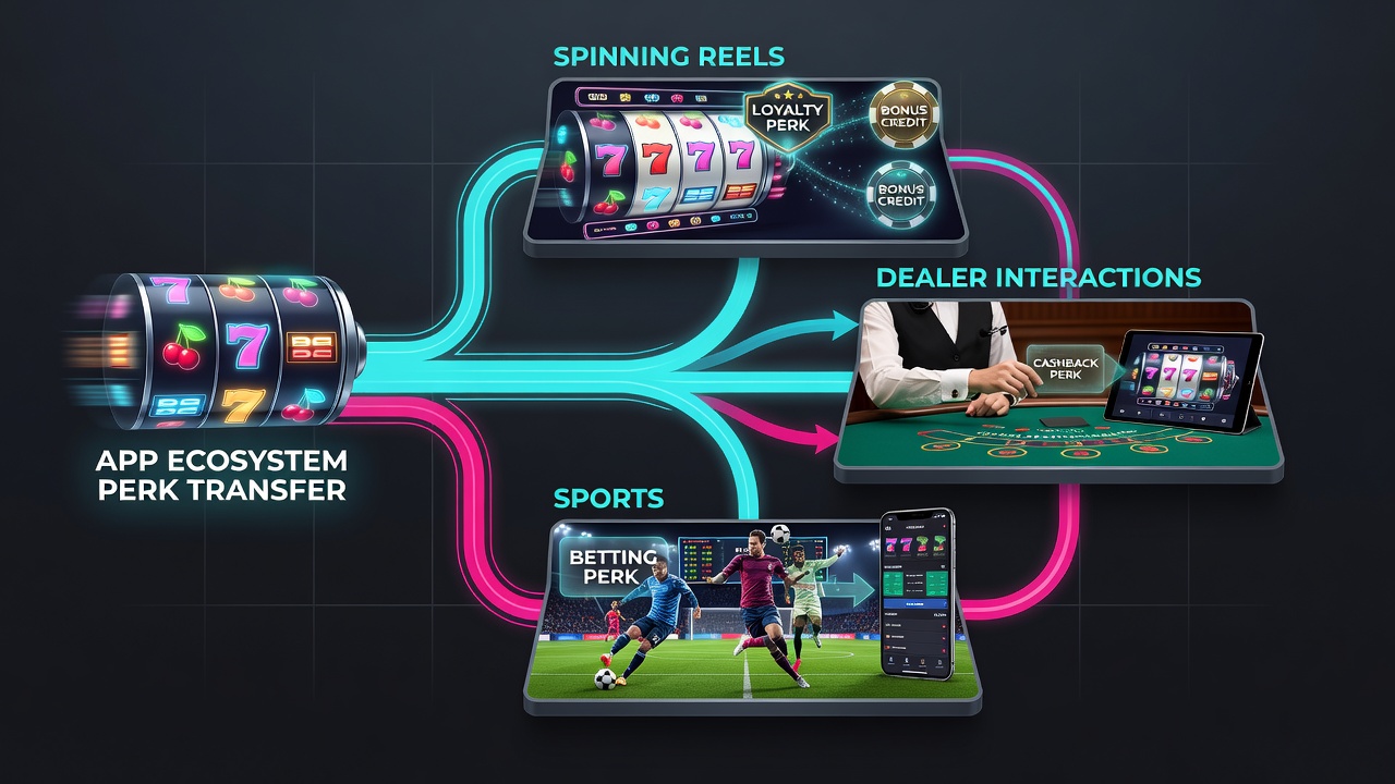 Illustration of transaction flow between reel games, live dealer tables, and sports betting within a single app interface