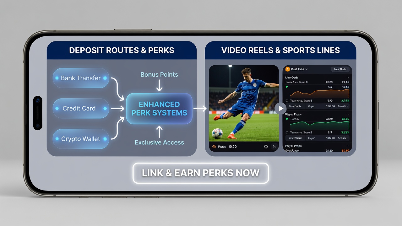 Mobile app interface showing deposit options connected to rewards in video reels and sports betting sections