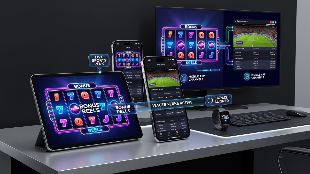 Tablet and smartphone views of synchronized slot bonuses feeding into sports wager perks